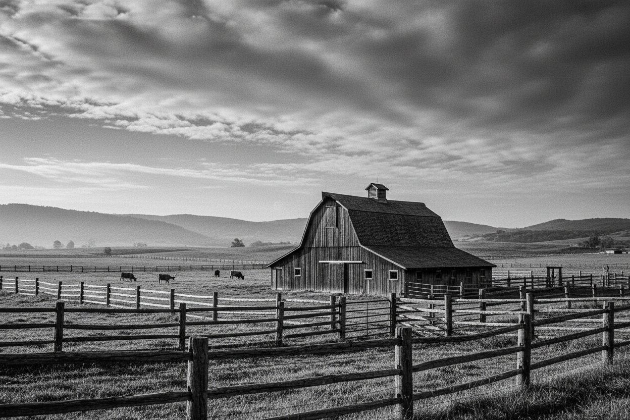 Black and white country farm hero image